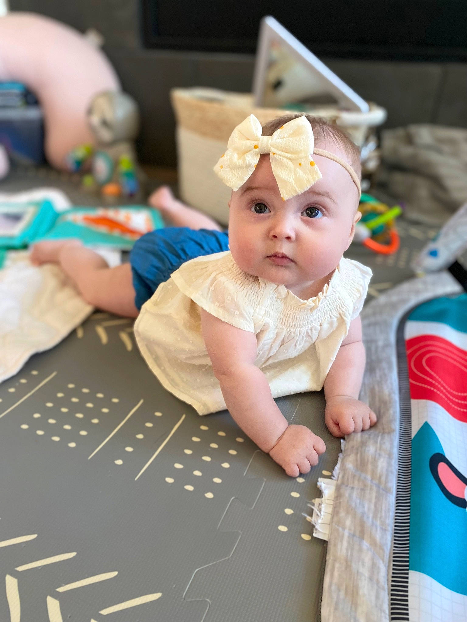 Elsie joined the competition — help win amazing prizes! baby, baby_products, baby_toddler_clothing, chair, child, event, flooring, fun, happy, leisure, party, pattern, people, person, play, recreation, room, sitting, textile, toddler