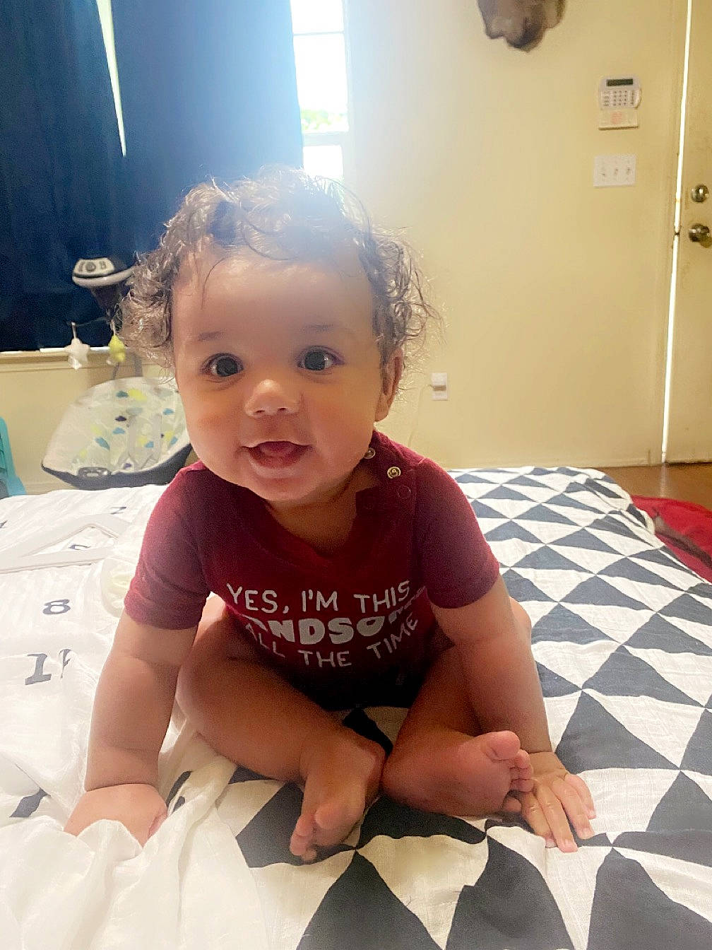 Kyson joined the competition — help win amazing prizes! baby, baby_toddler_clothing, cheek, comfort, eye, finger, floor, flooring, fun, hairstyle, happy, joint, leg, mouth, person, shoulder, skin, sleeve, smile, standing