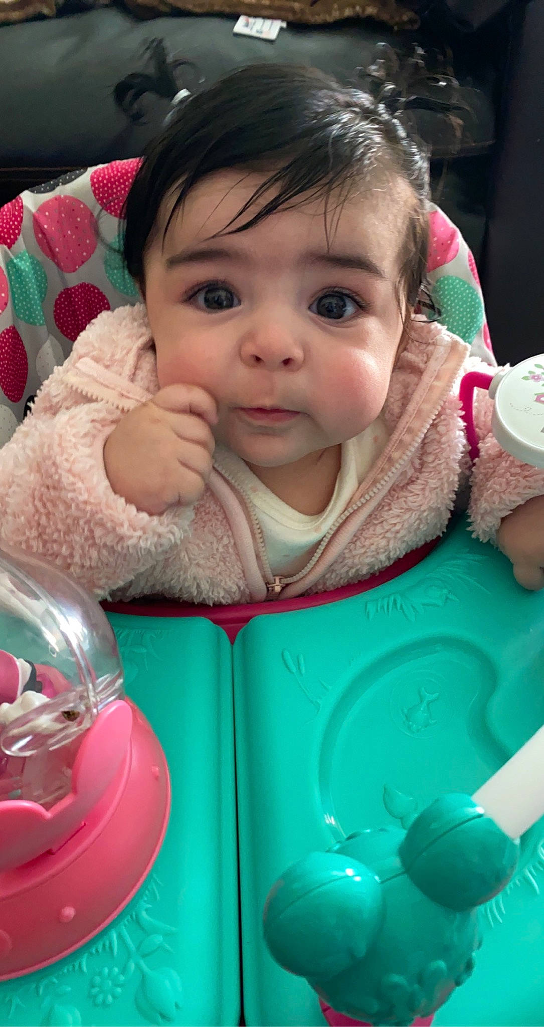 Avayah joined the competition — help win amazing prizes! baby, baby_toddler_clothing, bib, cheek, drinkware, eyelash, finger, green, happy, iris, mouth, nose, organ, person, photograph, pink, product, skin, sleeve, toddler