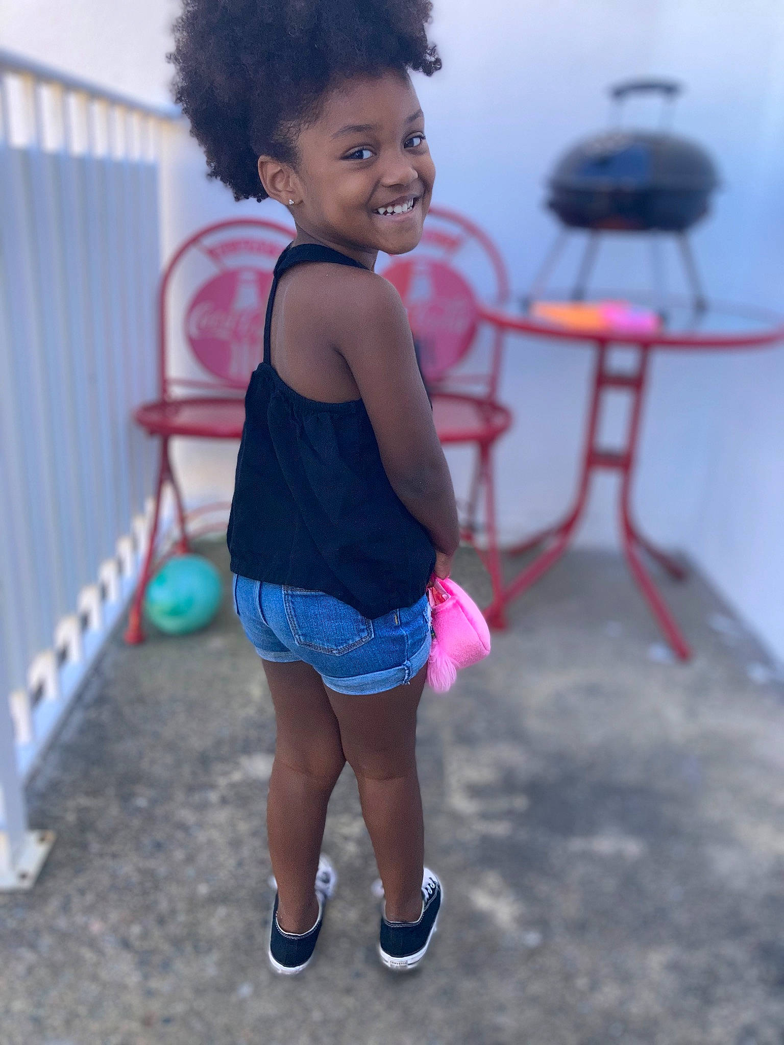 Layla joined the competition — help win amazing prizes! afro, baby_toddler_clothing, child, electric_blue, face, fun, happy, human_leg, joy, knee, leisure, magenta, person, sitting, skin, smile, sock, standing, t_shirt, thigh