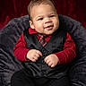 baby, infant, child, portrait, smiling, seated, formalwear, vest, tie, red_shirt, black_pants, chair, plush_fabric, studio, backdrop, closeup, fashion, adorable, hands, indoor