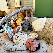 Flora participe au concours pour gagner de l'argent avec cette photo : baby, newborn, infant, headband, bow, pacifier, stuffed_animal, plush_toy, elephant, giraffe, pooh_bear, dog_plush, cat, pet, play_gym, toy_arch, blanket, pillow, crib, window