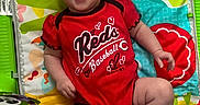 Hadley joined the competition — help win amazing prizes! baby, infant, child, smiling, happy, portrait, lying_down, activity_center, playmat, toy, musical_toy, colorful, red_clothing, baseball_shirt, patterned_blanket, indoor, playroom, infant_seat, reflection, cheerful