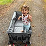 toddler, child, wagon, barefoot, smiling, waving, outdoor, path, forest, grass, hand, dog, toy, clothing, person, happy, nature, walking, playful, daytime