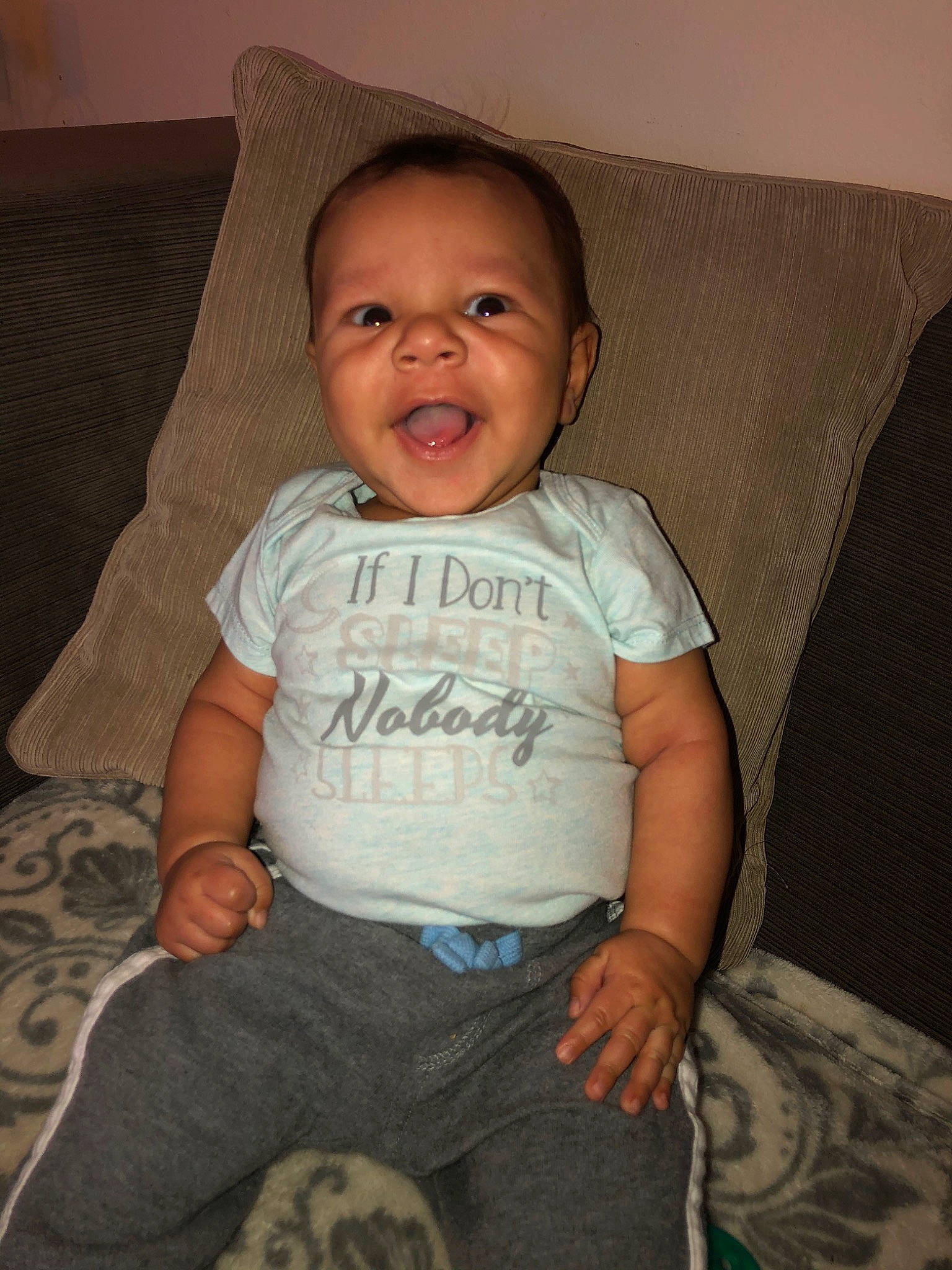 Huxlee Conner joined the competition — help win amazing prizes! arm, baby, cheek, child, chin, eye, face, facial_expression, fun, head, laugh, person, sitting, skin, smile, standing, t_shirt, toddler