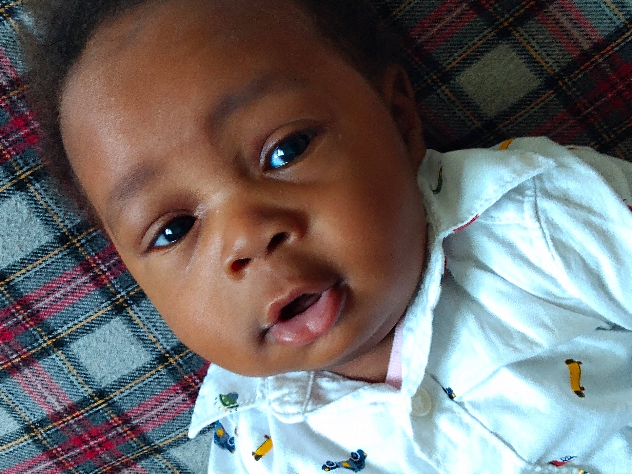 Diamond is registered to the contest to win money with this photo: baby, cheek, child, chin, ear, eye, eyebrow, face, facial_expression, forehead, head, iris, lip, mouth, nose, organ, person, plaid, skin, smile