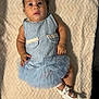 baby, child, blue_dress, white_shoes, blanket, curly_hair, cute, infant, tutu, smiling, portrait, person, indoors, soft_texture, hands, legs, footwear, fashion, looking_up, laying_down