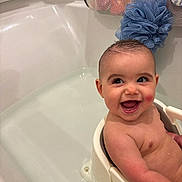 Jackson joined the competition — help win amazing prizes! baby, bathtub, bath_seat, blue_pouf, child, cute, happy, infant, inside, joyful, laughing, person, portrait, sitting, smiling, water, young_child, skin, bathroom, head