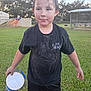 child, mud, bucket, grass, outdoor, black_shirt, face, dirt, playing, young_boy, short_hair, park, daylight, casual_clothing, fun, nature, person, adventure, summer, activity