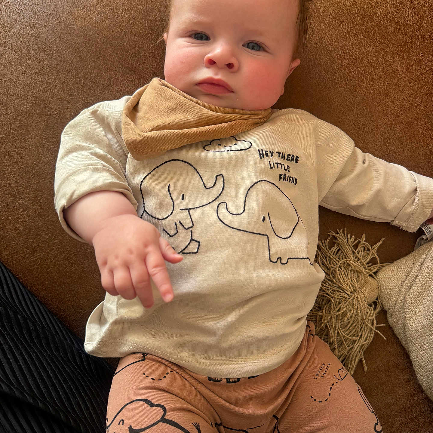 Munro joined the competition — help win amazing prizes! baby, beige_shirt, brown_couch, child, clothing, cute, elephant_print, expression, face, furniture, hand, indoor, infant, pants, person, pointing, scarf, sitting, skin, young_child