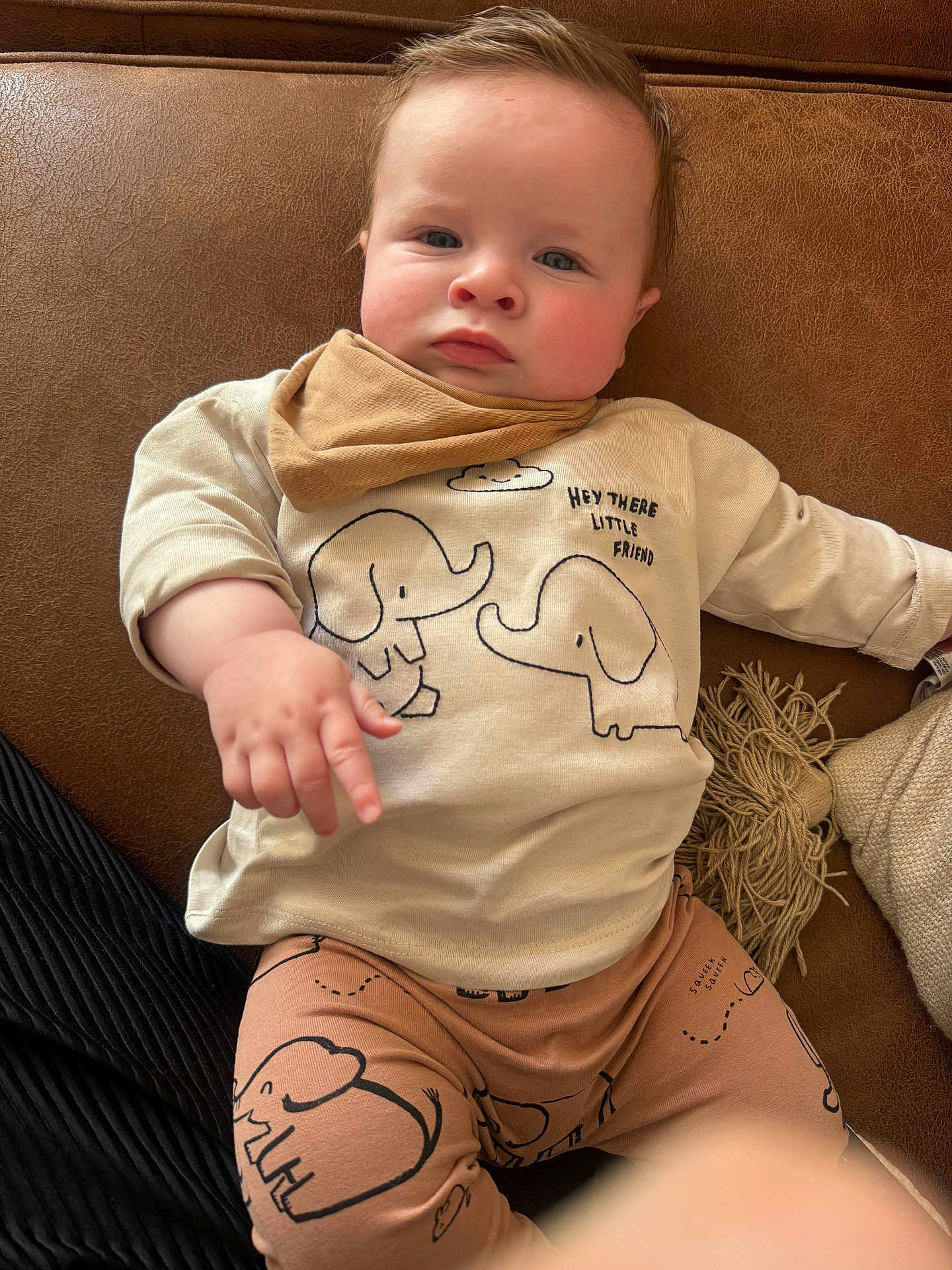 Munro joined the competition — help win amazing prizes! baby, child, infant, pointing, brown_couch, elephant_print, beige_shirt, pants, scarf, indoor, cute, face, person, young_child, sitting, clothing, skin, hand, expression, furniture