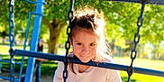 Melony is registered to the contest to win money with this photo: child, girl, playground, climbing, blue, bars, chains, sunlight, outdoor, park, trees, person, play, daylight, fun, young, casual_clothing, smile, happy, nature