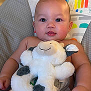 Jun is registered to the contest to win money with this photo: baby, child, stuffed_animal, plush_toy, colorful_background, rainbow, monkey, seat, cuddling, cute, infant, smiling, happy, indoors, portrait, chubby_cheeks, soft_toy, baby_seat, closeup, skin