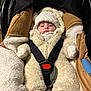 infant, baby, car_seat, safety_harness, buckle, snowsuit, hood, mittens, blanket, plush, cozy, cute, portrait, indoor, seat, stroller_handle, footwear, white_shoes, fur_texture, neutral_expression