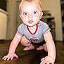 baby, child, crawling, blue_eyes, striped_shirt, indoor, wooden_floor, curious, closeup, face, hands, person, infant, young_child, apparel, flooring, portrait, focus, cute, home