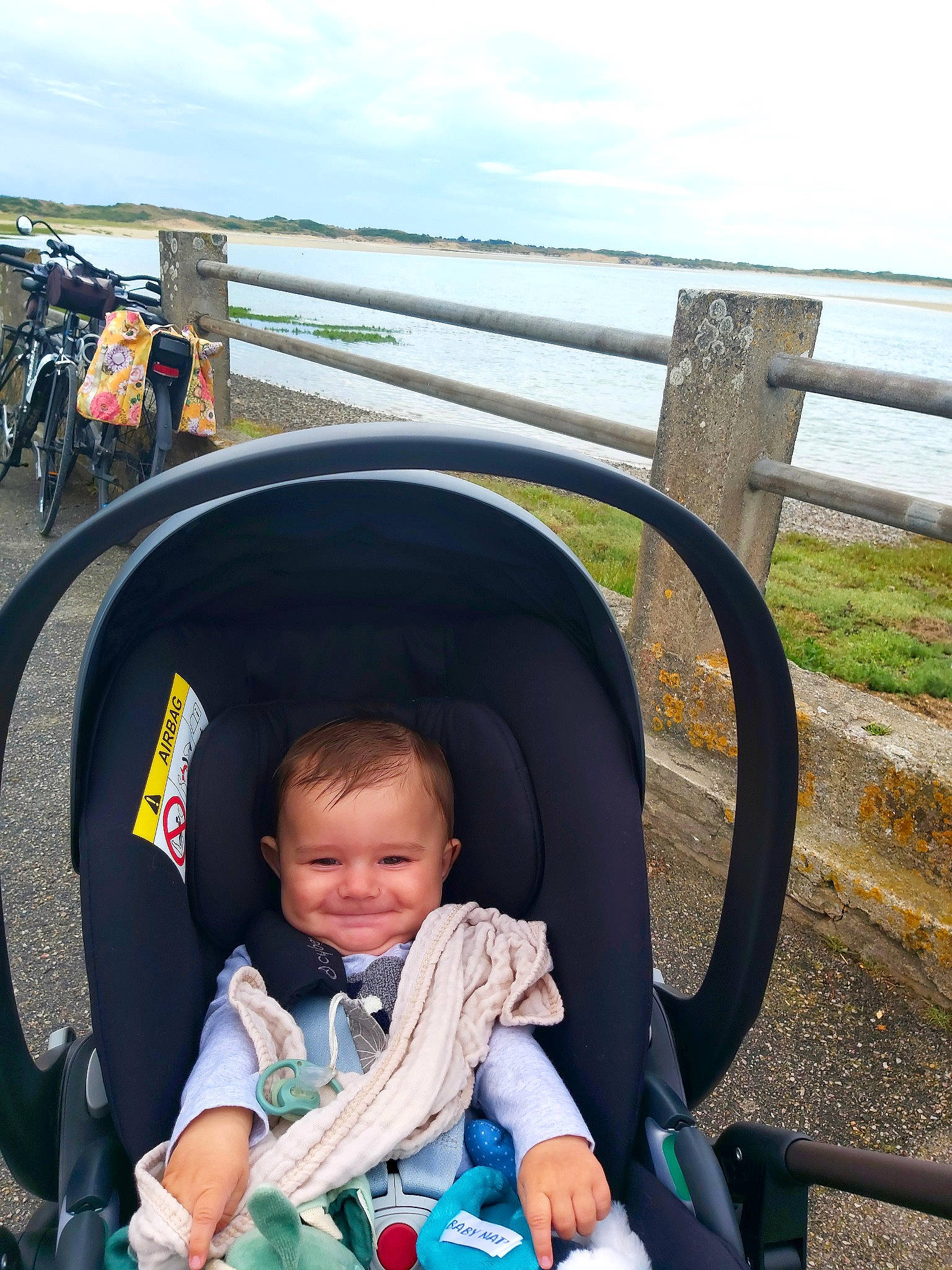 Télio participe au concours pour gagner de l'argent avec cette photo : auto_part, baby, baby_carriage, baby_toddler_clothing, cloud, comfort, fence, fun, happy, joy, leisure, motor_vehicle, person, plant, recreation, sitting, sky, smile, toddler, travel