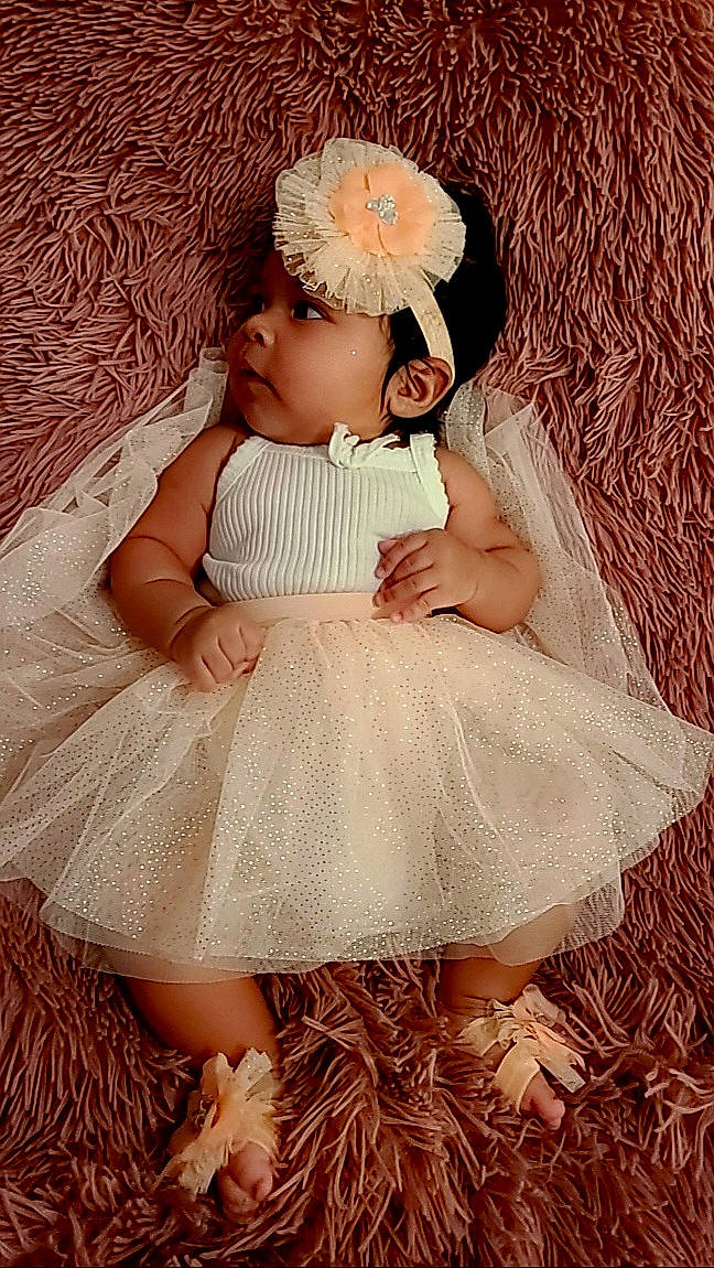 Kamila joined the competition — help win amazing prizes! baby, baby_toddler_clothing, beauty, bridal_accessory, child, dress, embellishment, flash_photography, happy, headband, headgear, headpiece, headwear, pattern, person, pink, plant, sitting, skin, textile