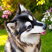 Bounty a rejoint le concours — aidez-le/la à gagner de superbes lots ! animal, black_and_white, canine, cute, dog, ears_up, flowers, fluffy, friendly, fur, garden, greenery, happy, nature, outdoor, pet, portrait, summer, sunlight, tongue_out