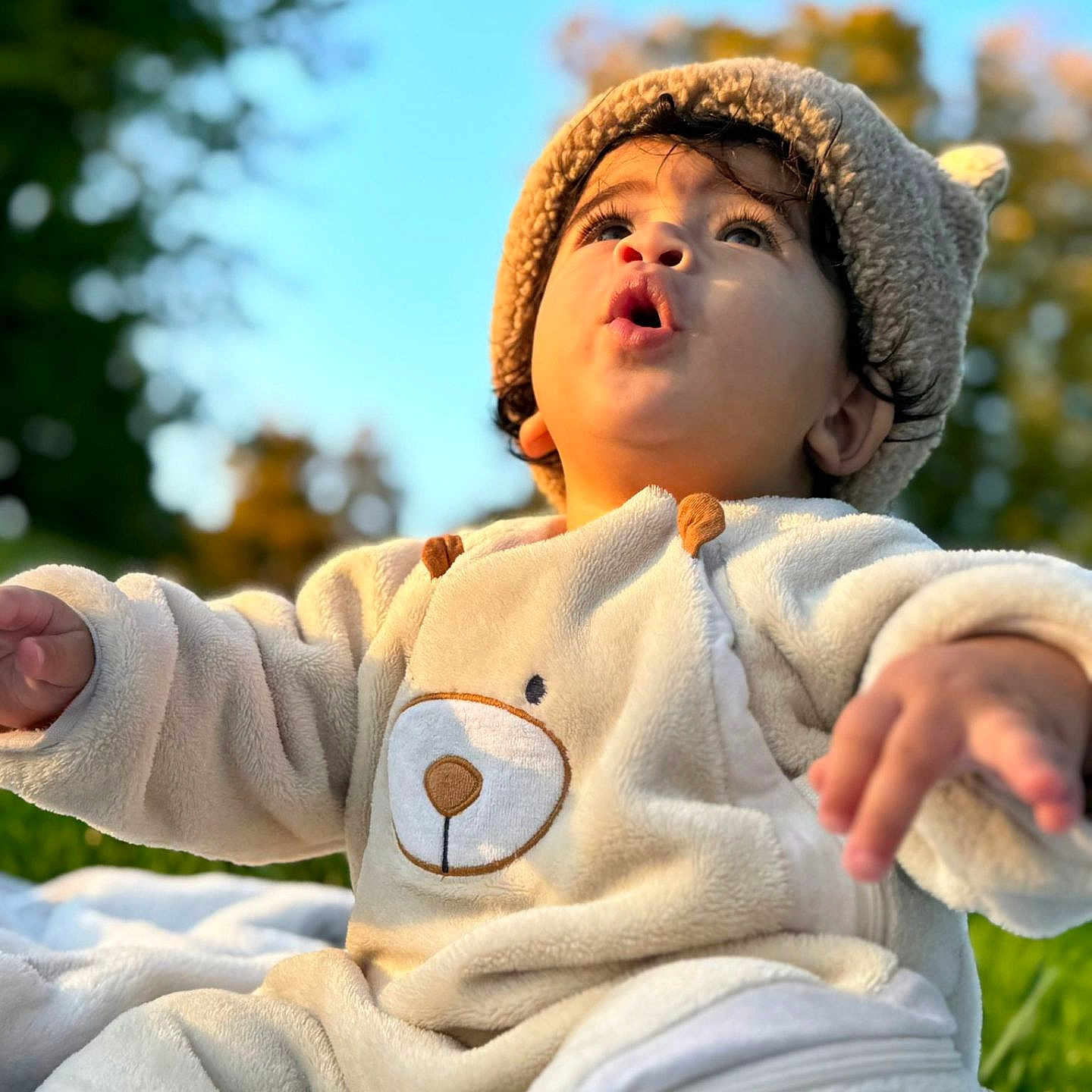 Daniel participe au concours pour gagner de l'argent avec cette photo : adorable, baby, bear_outfit, blue_sky, child, cozy_clothing, curious, cute, daylight, expression, face, greenery, hat, infant, nature, outdoor, portrait, sitting, soft_texture, warm_lighting