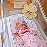 Rosealee is registered to the contest to win money with this photo: baby, bassinet, bed, blanket, clothing, cute, flower, girl, headband, hospital, indoors, infant, newborn, pacifier, peaceful, pink, portrait, sign, sleeping, wood