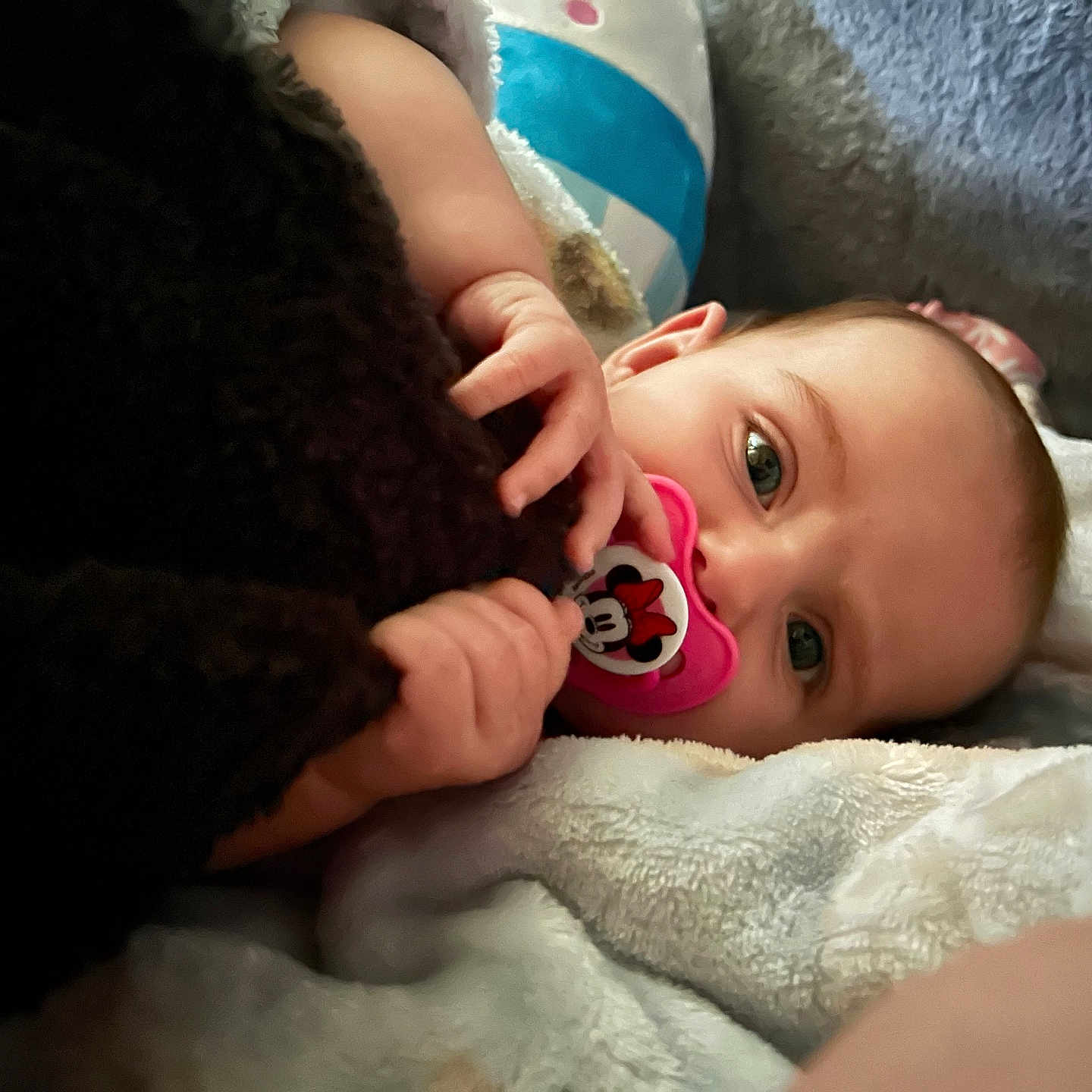 Rosealee joined the competition — help win amazing prizes! baby, blanket, child, closeup, comfort, cozy, cute, expression, face, hand, indoor, infant, lying_down, mickey_mouse, pacifier, pink, portrait, resting, sleepy, soft_texture