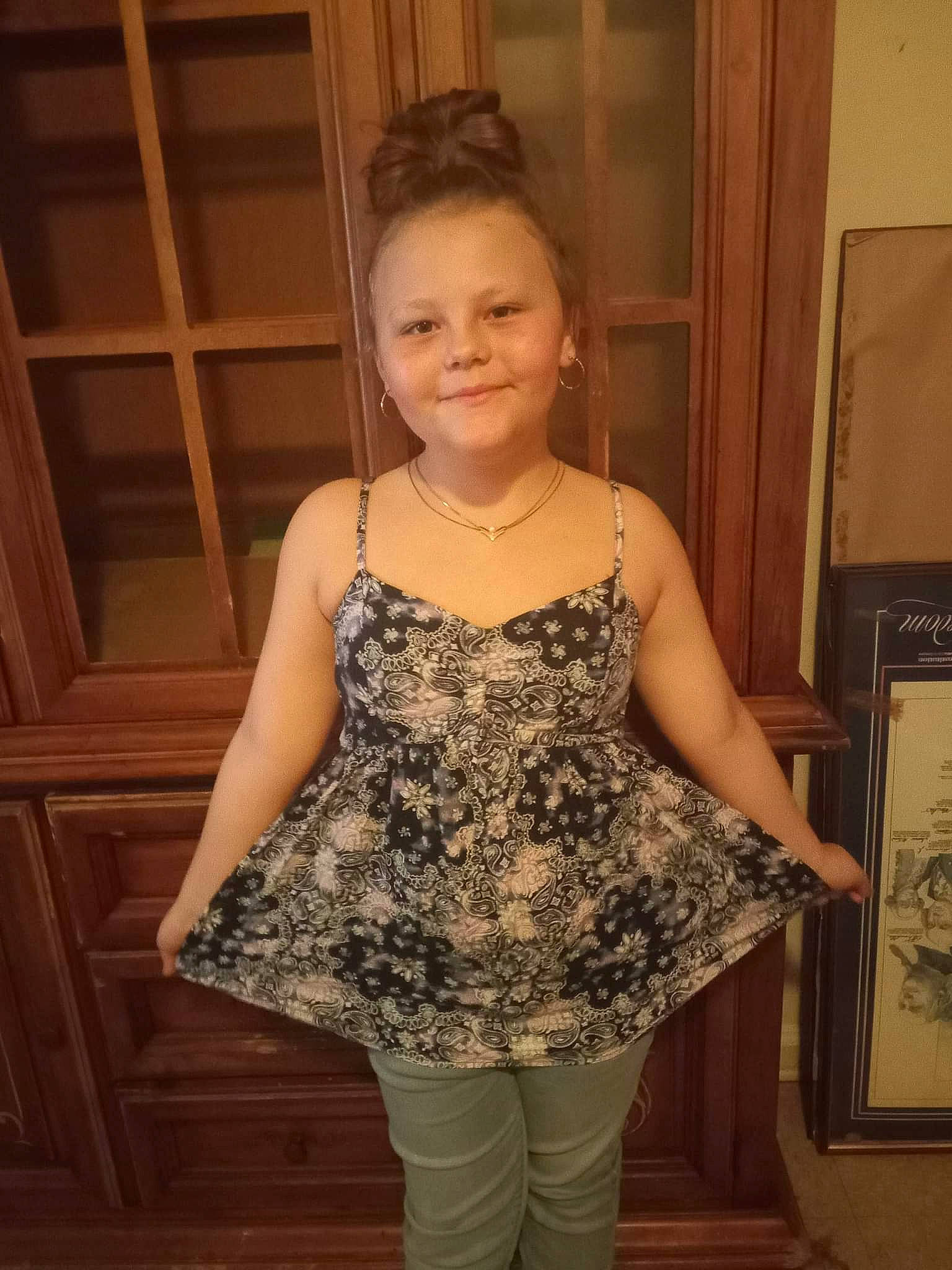 Bella joined the competition — help win amazing prizes! abdomen, brown_hair, embellishment, fashion_design, flash_photography, hair, happy, human_body, human_leg, jewellery, joy, leg, long_hair, pattern, person, sleeve, smile, standing, thigh, trunk