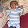 Lyam a rejoint le concours — aidez-le/la à gagner de superbes lots ! baby, baby_clothes, bed, blanket, child, cute, indoors, infant, lying_down, newborn, onesie, pacifier, peaceful, plush_toy, resting, sleeping, socks, soft_toys, striped_clothing, tiny_hands