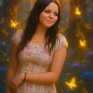 Paige joined the competition — help win amazing prizes! woman, forest, butterflies, glowing, magical, flowers, nature, portrait, dress, smile, long_hair, necklace, trees, fantasy, evening, light, fairy_tale, peaceful, scenery, outdoor