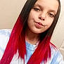 Paige is registered to the contest to win money with this photo: child, girl, selfie, red_hair, long_hair, pout, indoor, casual_clothing, tie_dye, butterfly, wall, portrait, face, young, hair_dye, smiling, person, head_and_shoulders, light_skin, expression