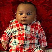 Dontay joined the competition — help win amazing prizes! baby, blanket, child, clothing, cozy, cute, cute_baby, expression, face, indoor, infant, pajamas, person, plaid, portrait, red, sitting, soft, white, young