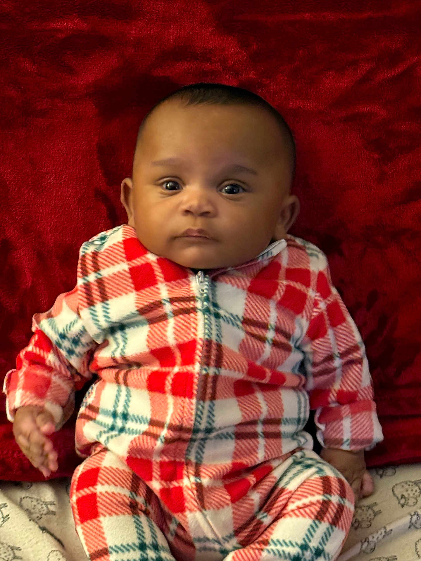 Dontay joined the competition — help win amazing prizes! baby, blanket, child, clothing, cozy, cute, cute_baby, expression, face, indoor, infant, pajamas, person, plaid, portrait, red, sitting, soft, white, young