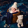 Mattéo a rejoint le concours — aidez-le/la à gagner de superbes lots ! baby, baby_clothing, blue_background, child, cozy, cute, decor, fabric, infant, knit_hat, knitwear, moon, newborn, portrait, resting, sleeping, soft_toy, stars, teddy_bear, wooden_bucket