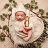 baby, cozy, cute, deer_toy, felt_toy, fluffy_blanket, indoors, infant, knit_hat, knit_outfit, natural_elements, newborn, peaceful, pine_branches, pinecones, portrait, sleeping, soft_lighting, winter_theme, wooden_bowl