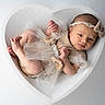 Jenna participe au concours pour gagner de l'argent avec cette photo : baby, infant, tutu, headband, heart_shape, white_background, cute, newborn, portrait, soft_lighting, texture, small_hands, small_feet, pose, adorable, child, fashion, delicate, peaceful, studio_photo