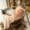 baby, newborn, sleeping, bucket, lace, tulle, headband, flower, candle, wooden_bucket, blanket, fabric, dried_flowers, decor, cozy, peaceful, portrait, indoors, soft_lighting, rustic