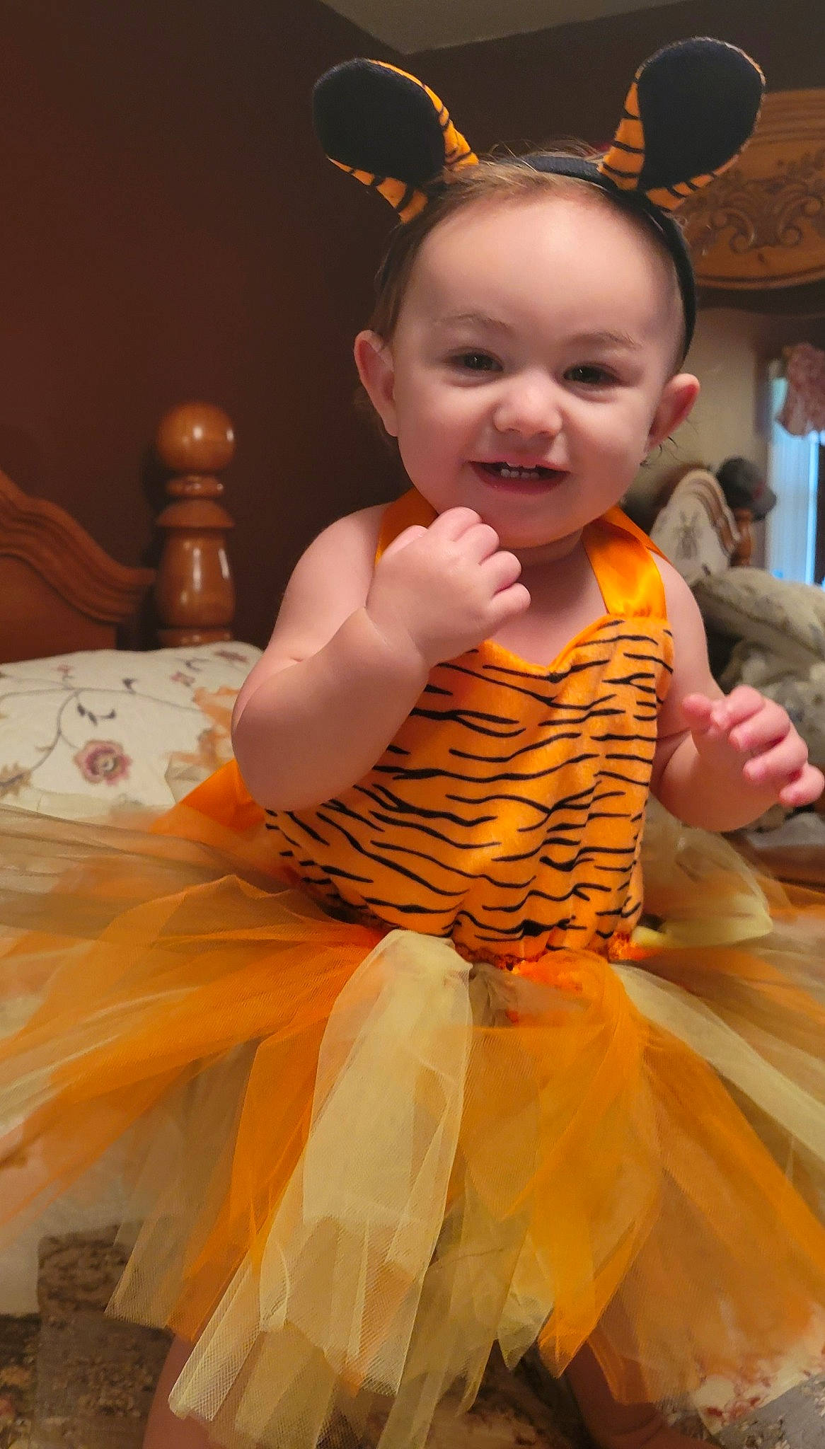 Luna-ray is registered to the contest to win money with this photo: baby, baby_toddler_clothing, child, costume, embellishment, event, fashion_design, fun, happy, headpiece, iris, joy, party, peach, person, pink, ruffle, sitting, smile, toddler