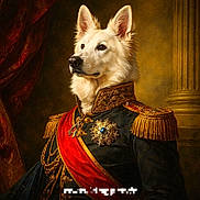 Asko a rejoint le concours — aidez-le/la à gagner de superbes lots ! dog, white_dog, portrait, regal, military_uniform, sash, medal, epaulettes, ornate, column, velvet_curtain, oil_painting_style, formal_portrait, canine, aristocratic, decorative, fur, studio_lighting, vintage, artwork