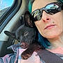 Chevy joined the competition — help win amazing prizes! animal, black_dog, car, casual_clothing, closeup, cozy, dog, earrings, human, indoors, pet, portrait, relaxed, seatbelt, sleepy, sunglasses, sunlight, travel, window, woman