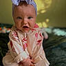 Blossom joined the competition — help win amazing prizes! baby, child, headband, bow, onesie, tissue, rubber_duck, sitting, curious, indoors, blanket, soft_toys, playful, light, shadow, cute, infant, portrait, young_child, expression