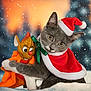 animal, background_blur, cape, cat, celebration, christmas, christmas_decor, costume, cute, festive, gray_cat, holiday, outdoor, santa_hat, seasonal, snow, snowfall, snowy, toy_mouse, winter