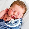 newborn, baby, sleeping, blanket, blue, white, pillow, infant, face, peaceful, resting, soft, cute, skin, wrapped, peace, child, portrait, closeup, adorable