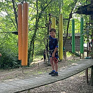Livio participe au concours pour gagner de l'argent avec cette photo : activity, adventure, boy, casual_clothing, child, daylight, forest, fun, greenery, nature, obstacle, outdoor, park, playground, rope_course, safety_harness, sport, trees, wooden_bridge, young