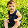 baby, barefoot, blue_clothing, child, curly_hair, cute, daylight, grass, greenery, infant, nature, one_person, outdoor, portrait, sitting, skin, smile, summer, sunlight, young