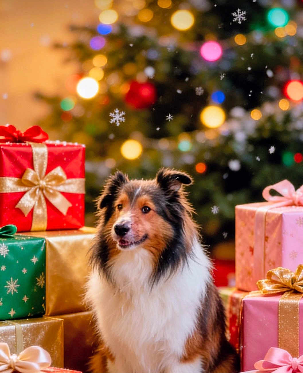Sadie joined the competition — help win amazing prizes! dog, christmas_tree, presents, gift_wrapping, ribbon, bow, holiday, festive, snowflakes, blurred_background, celebration, decorations, fluffy, happy, pet, indoor, colorful, seasonal, warm_lighting, portrait