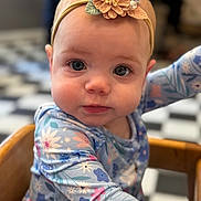 Amelia is registered to the contest to win money with this photo: baby, child, headband, flower, blue_eyes, patterned_clothing, high_chair, wooden_furniture, close_up, indoor, curious_expression, face, infant, long_sleeves, colorful, soft_lighting, portrait, young_child, seated, cute