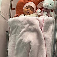 Valentine participe au concours pour gagner de l'argent avec cette photo : newborn, baby, hospital, crib, bassinet, blanket, pink, hat, sleeping, plush_toy, bunny, soft, cozy, infant, child, resting, indoor, medical, cute, peaceful