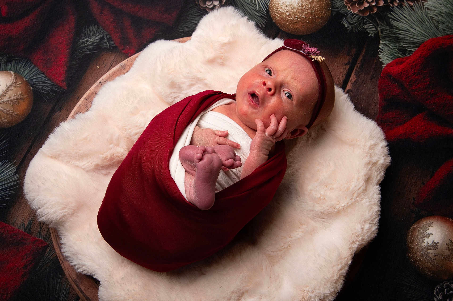 Rose a rejoint le concours — aidez-le/la à gagner de superbes lots ! newborn, baby, infant, wrapped, blanket, wooden_bowl, headband, floral, red_cloth, cream_blanket, holiday_decor, pine_cones, ornaments, cute, portrait, indoors, soft_texture, small_feet, curious_expression, lying_down