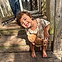 Evelyn joined the competition — help win amazing prizes! toddler, child, smiling, teddy_bear, wooden_steps, outdoor, sunlight, shadow, barefoot, curly_hair, cute, playful, happy, person, portrait, daylight, casual_clothing, wood, reflection, window
