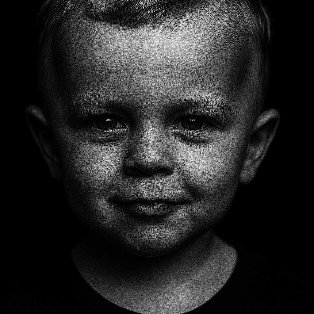 Tyméo a rejoint le concours — aidez-le/la à gagner de superbes lots ! black_and_white, boy, child, closeup, cute, dark_background, expression, eyes, face, hair, happy, head, innocence, lighting, monochrome, person, portrait, smile, studio, young