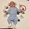 Amari joined the competition — help win amazing prizes! baby, infant, blue_clothing, socks, blanket, sneakers, numbers, lying_down, cute, child, nike_logo, soft_texture, indoor, young_child, portrait, head, feet, hands, fabric, pattern